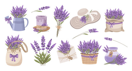 Lavender collection. Set of items with lavender flowers. Blooming compositions and decorations with bouquets of lavender flowers. © Tatiana