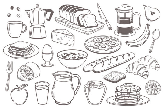 Breakfast icons set. Milk jug coffee pot cup juice sandwiches fried eggs pancakes toast with jam croissant cheese and cereal with milk for market product design. Hand drawn sketch illustration.