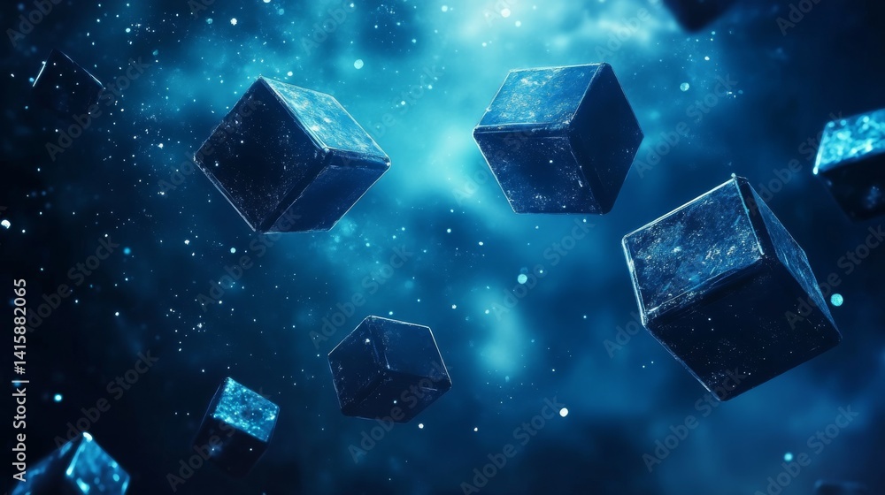 Poster Floating Cubes Drift Through an Ethereal Dark Blue Void, Creating a Mesmerizing Visual Experience in a Cosmic Wonderland Filled With Mystery and Depth