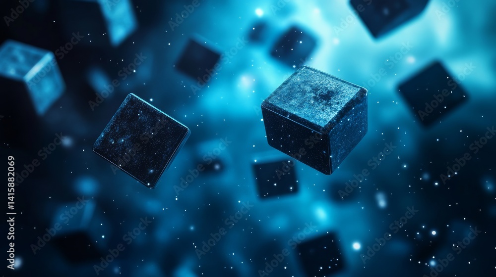 Poster cubes drift through a celestial void, illuminated by cosmic blues and vibrant specks of light in a b