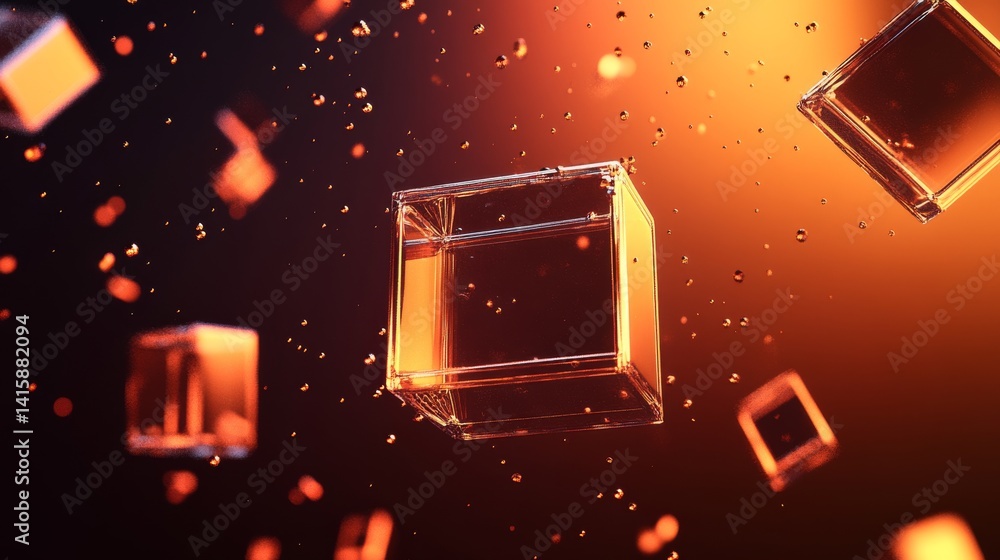 Poster Visual Exploration of Dissolving Glass Boxes Illuminated by Soft Orange Light Against a Dark Gradient Background