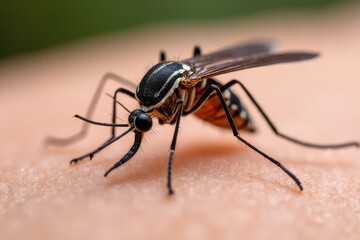 Naklejka premium Ultra Macro View: Realistic Mosquito on Human Skin, Detailed Wings & Body Texture, Natural Lighting, Abstract Biological Concept