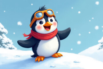 Naklejka premium Whimsical Children's Book Illustration: Happy Baby Penguin Sliding on Icy Snow