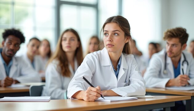 Young female medical intern, focused listening lecture, writing notes in classroom. Group of students colleagues studying, attending course training, pro development. Medicine student in white coat,