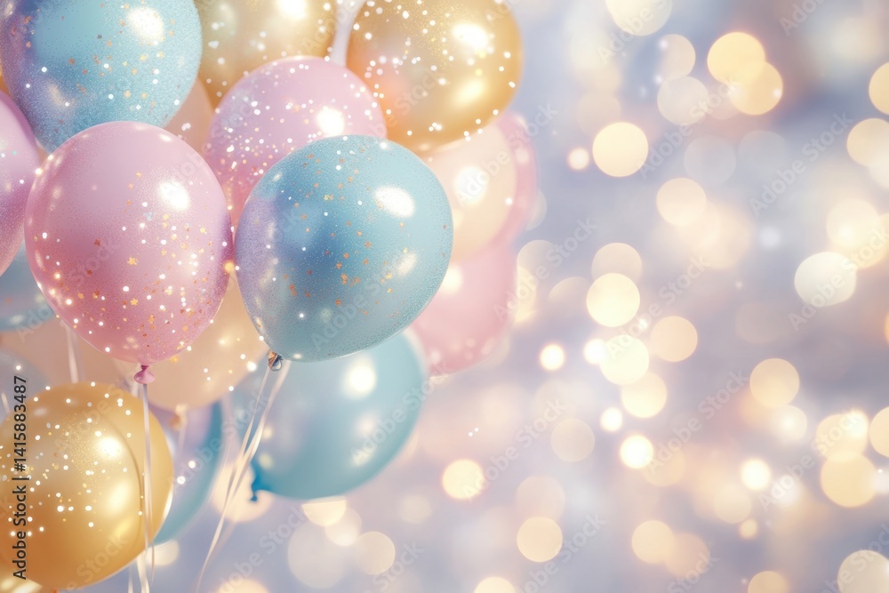 Poster colorful balloons on a festive background with bokeh lights banner with copy space generative ai