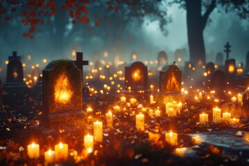 Mystical Cemetery: Candlelit Graves in Autumnal Fog