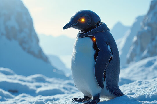 Glowing-Core Penguin Robot: Futuristic Sci-Fi Tundra Scene with Armored Tech Body and Cinematic Close-Up View