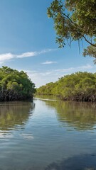 Fototapeta premium Wide river with a calm surface reflecting the sky, surrounded by dense mangroves on both sides. The combination of water, vegetation, and sky creates a serene and natural landscape.