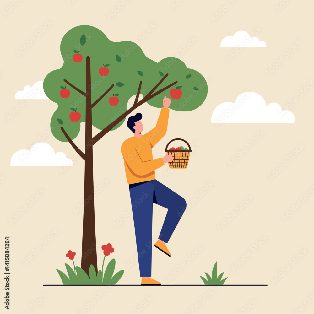 Poster man picking red apples from leafy tree in minimal style with basket outdoors vector illustration