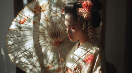Elegant traditional japanese woman with parasol in floral kimono for cultural celebration