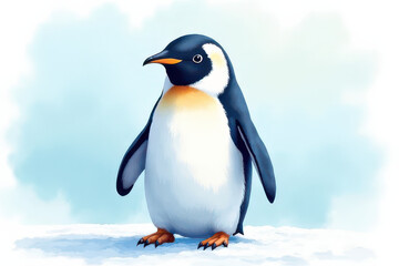 Fototapeta premium Dreamy Penguin Close-Up: Watercolor Snowflakes, Pastel Colors, Soft Textures, High-Detail Midjourney Art
