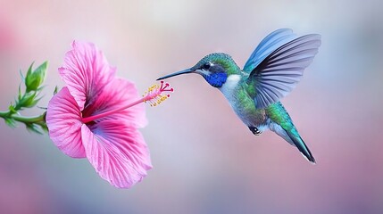 Fototapeta premium A hummingbird flying over a pink flower and a pink flower with a hummingbird in its mouth
