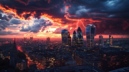 Fototapeta premium Dramatic Cityscape at Sunset: Storm Clouds Above Skyscrapers with Lightning Strikes