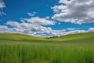 Beautiful green grassy field with a blue sky and white clouds, desktop wallpaper