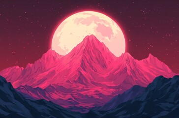 Obraz premium Pink Mountainscape: A Serene Night Scene Under a Full Moon
