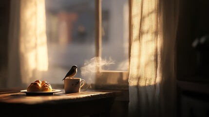   A bird perched on a table beside a steaming coffee cup and a flaky croissant