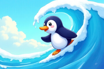 Naklejka premium Colorful Cartoon Penguin Surfing Giant Ice Cream Wave: Vibrant Pastel Kids Illustration
