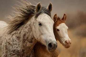 Obraz premium Two horses, one adult and one foal, close together in a natural setting.