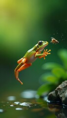 Naklejka premium Frog catching a fly mid-air, outdoor, fly