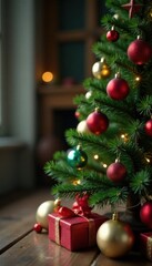 Obraz premium Christmas tree with ornaments on wooden table background, decorations, decoration, winter