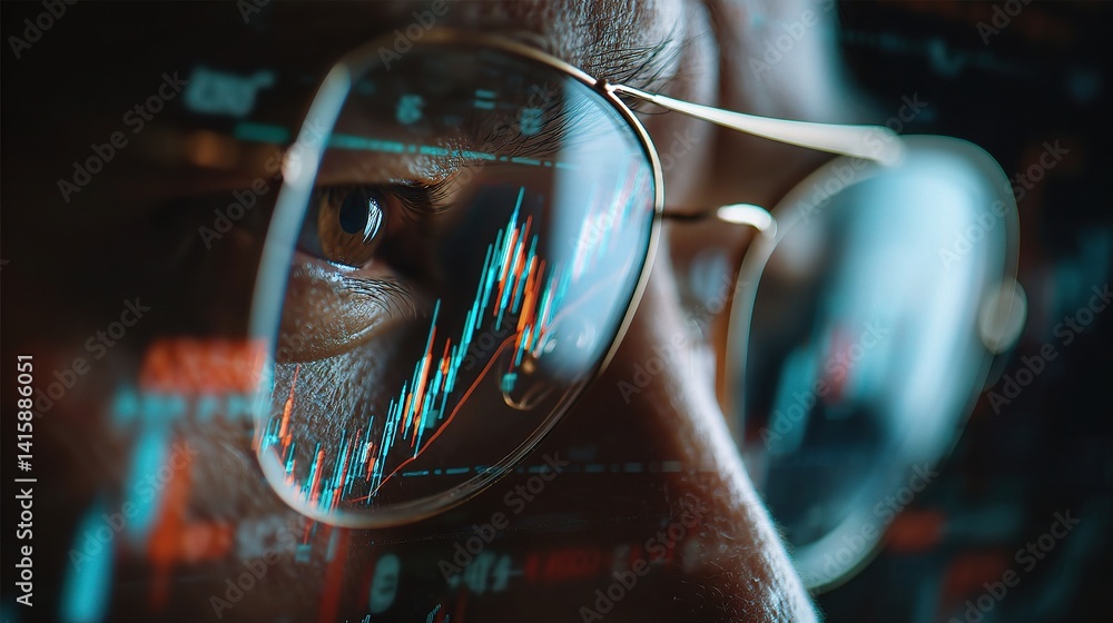 Poster focused trader analyzing financial chart with glasses