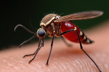 Fototapeta premium Mosquito Feeding Close-Up: Blood-Filled Abdomen, Macro Photography, Sharp Textures, Photorealistic Lighting