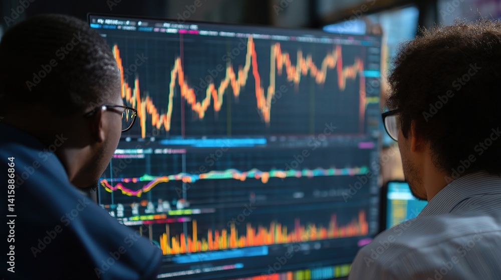 Poster colleagues analyzing market volatility with digital graphs display