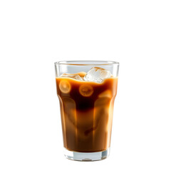 Realistic glass of iced coffee with visible ice cubes and rich color, isolated on a transparent background.