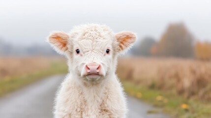 Obraz premium Adorable white calf portrait innocent farm animal rural scene