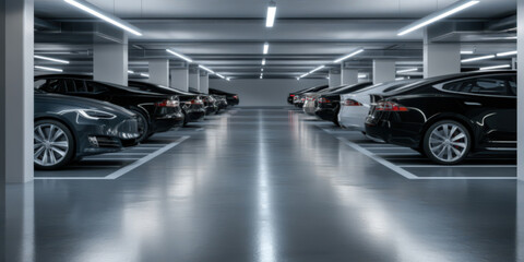Car parking in an underground garage with cars parked in spaces, a gray, silver, and black color scheme, a parking lot, an underground car park with lighting and white walls