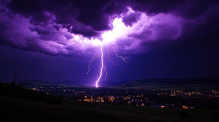 Stunning bursts of purple lightning illuminate the clouds above a dark landscape. Nature shows its incredible power in this dramatic storm.