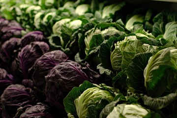 Neatly Arranged Green and Purple Cabbage at Grocery Store Display