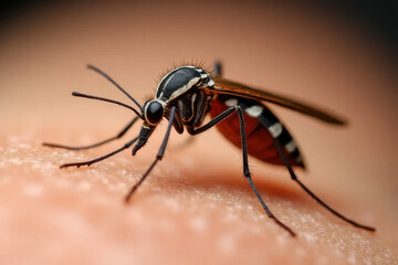Fototapeta premium Realistic Mosquito on Neck Skin Close-Up: Macro Concept with Texture and Hairs Details