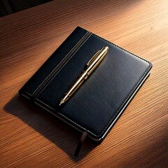 Premium Leather Notebook and Gold Pen on Oak Desk 