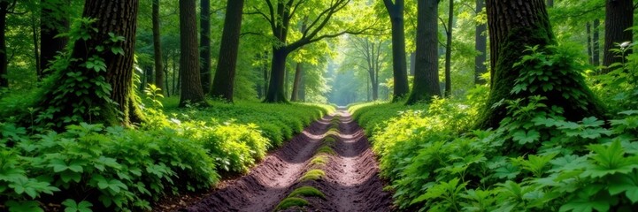 Naklejka premium Muddy forest trail with moss covered trees and ferns, nature, ferns