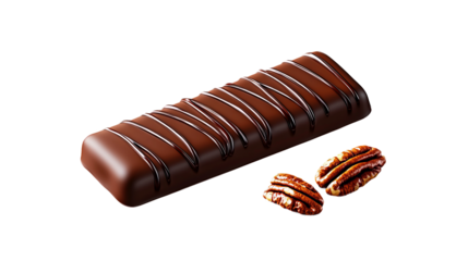 Chocolate granola bar sits beside two pecan nuts, illuminated against a stark black backdrop, displaying a glossy, tempting treat.