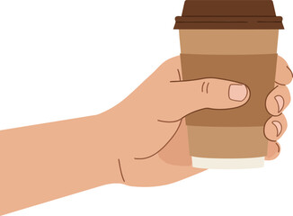 Human hand holding a brown disposable coffee cup with lid flat minimal vector illustration