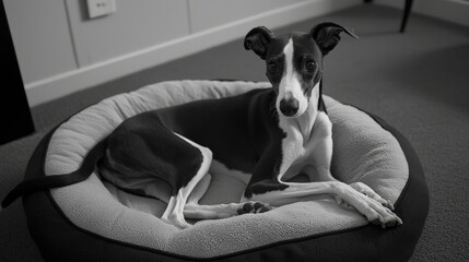Newly Adopted Greyhound Resting Comfortably on Dog Bed at Home