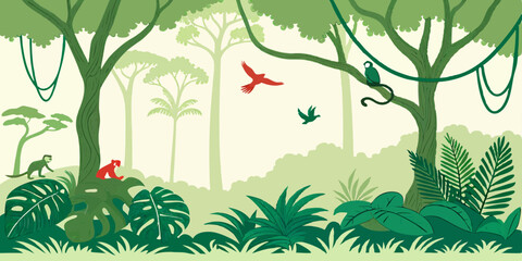 Vector Amazonian seamless tropical rainforest Jungle forest background with animals