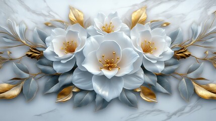 Elegant white and gold floral arrangement with marble background