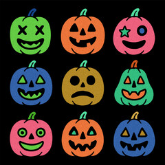 Set of 9 neon Halloween pumpkins in retro naive style. Crayon texture, playful faces, bold colors. Perfect for spooky decor, kids’ prints, stickers, and seasonal designs.