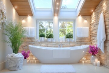Luxurious modern bathroom with freestanding tub and natural decor elements