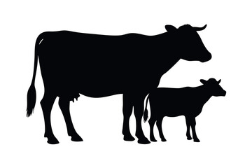 Cow With Calf Black Silhouette On White Background Vector Illustration Farm Animal Livestock Bovine Domestic Animal Mammal Simple Graphic Design
