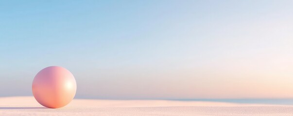 A serene landscape featuring a large, soft pink sphere against a minimalist backdrop of sand and a pastel sky.