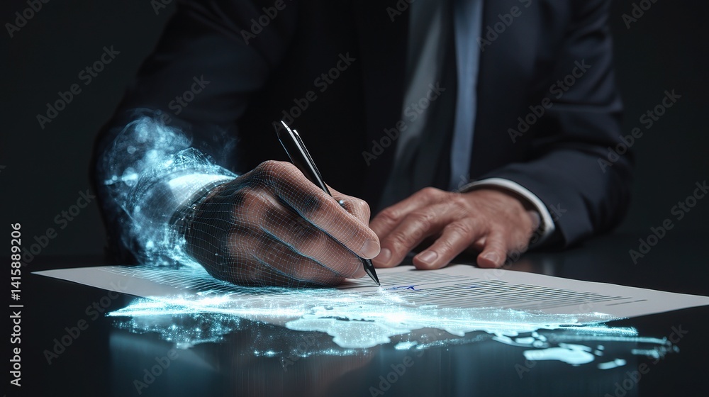 Poster man in formal wear signing contract with holographic display effect