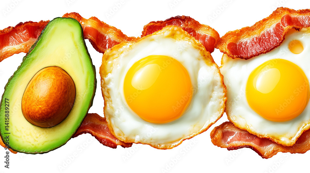Aufkleber fried eggs and avocado slices are displayed with crispy bacon strips against a stark black backgroun