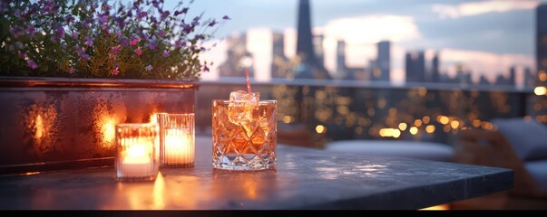 A cozy rooftop setting featuring cocktails and candles, with a city skyline in the background, creating a warm and inviting ambiance.