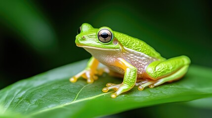 Fototapeta premium Vibrant green tree frog perched on a leaf (1)