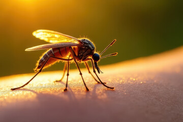 Fototapeta premium Sunlit Mosquito Landing: Photoreal Close-Up of Translucent Wings and Skin Detail in High-Definition Macro Scene