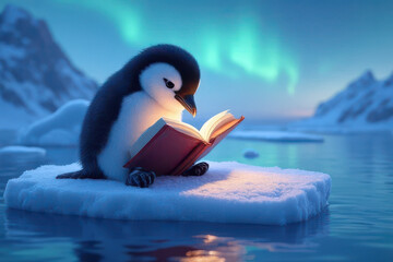 Adorable Baby Penguin Reads Glowing Book on Floating Iceberg, Enchanted Northern Lights Fantasy Art